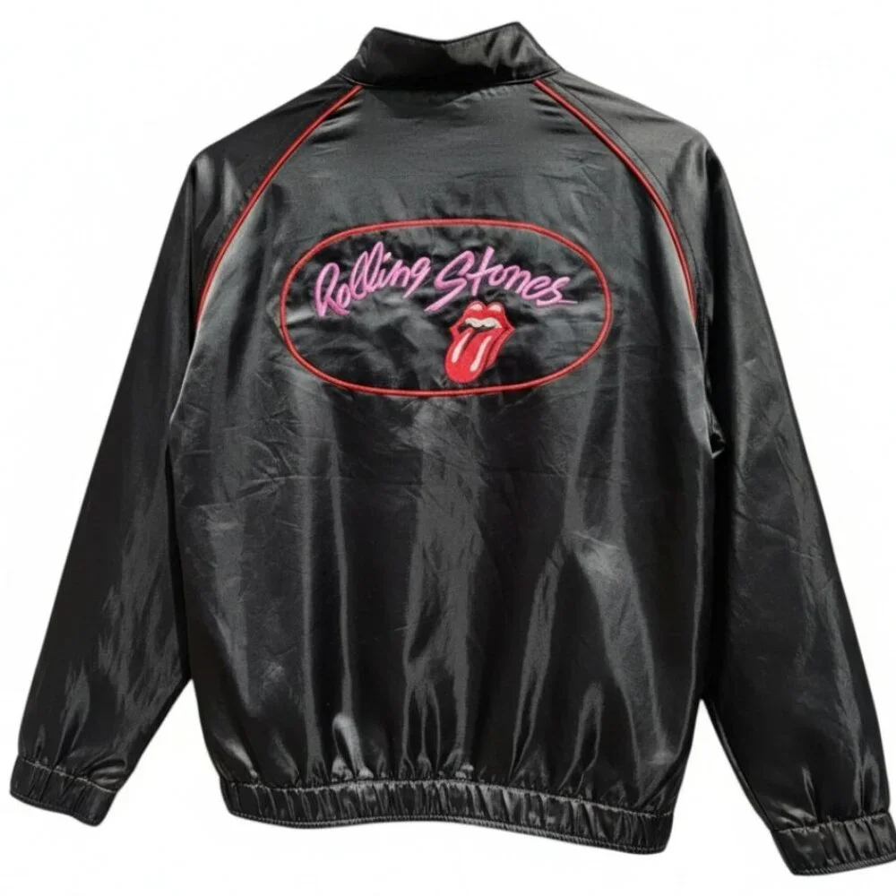 Vintage 80’s Roadie Rolling Stones Bomber Jacket Black Satin Tongue Logo Rocker